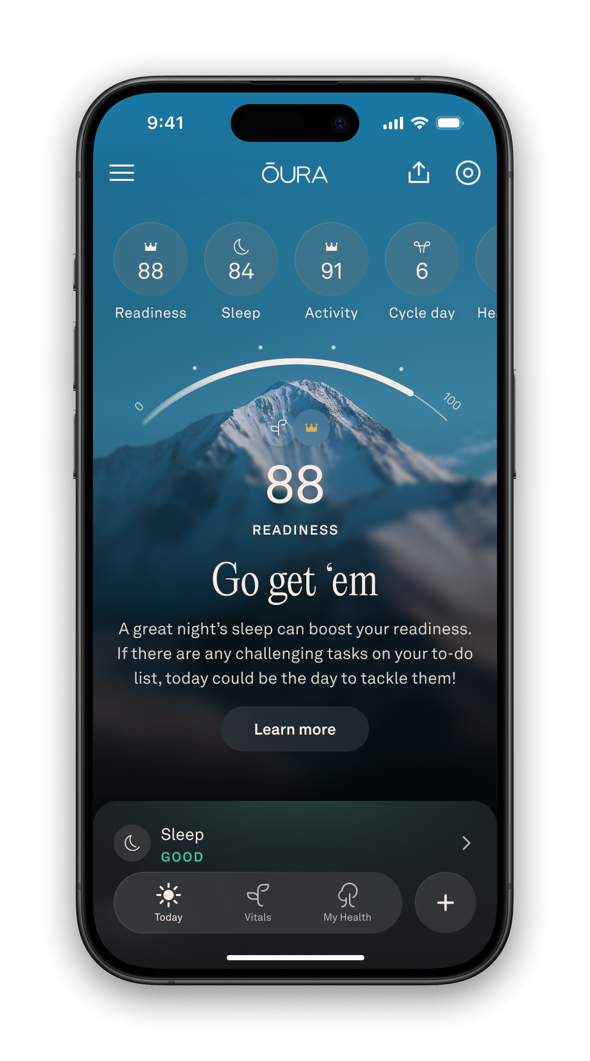 Oura app daily dashboard showing sleep, readiness and activity scores